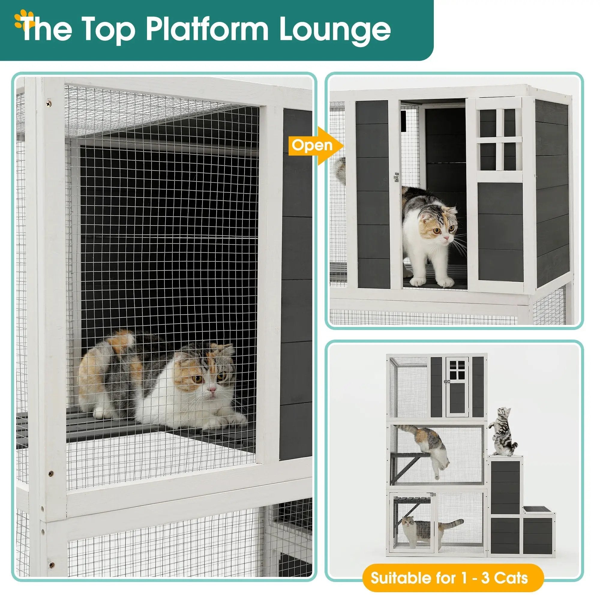 3 Tier Wooden Outdoor & Indoor Cat House Suitable For 1-3 Cats Cat Enclosure Resting Box With 4 Platforms And 2 Doors Cat Shelter Kitty House With A Jump Box For Hiding And Resting Cat Cage - Gray by HouseOfZazla