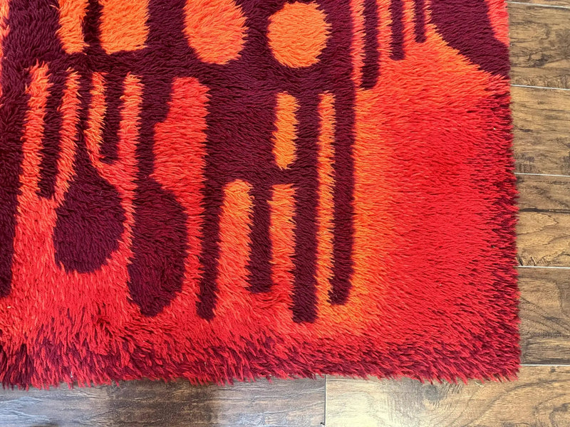 Danish Rya Shag Rug 4x6, Red Vintage Mid Century Retro Abstract Shag Rug by Jewel Rugs