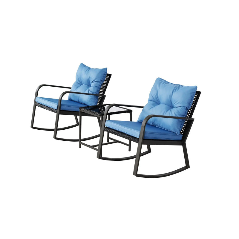 3 Pieces Patio Bistro Set Outdoor Rocking Chair with Blue Cushion for Yard Garden Poolside by HouseOfZazla