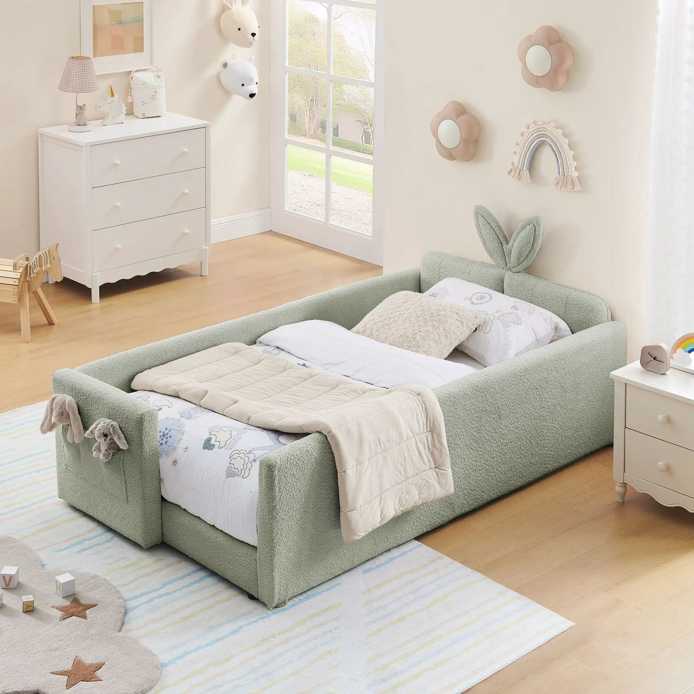 Cute Rabbit Ear Upholstered Platform Bed Frame With Safety Rail by HouseOfZazla