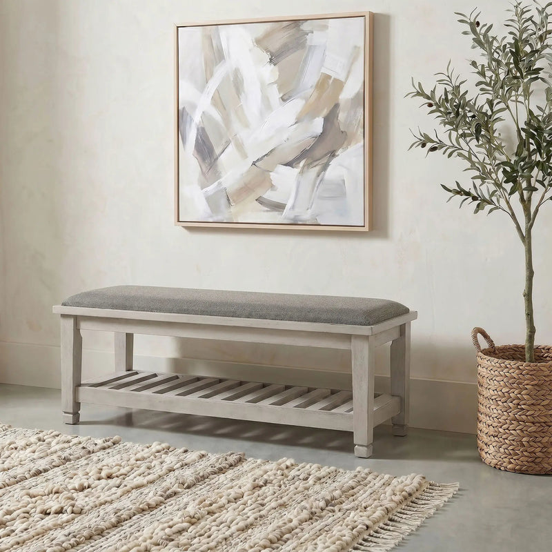 Franco Fabric Upholstered Bench with Shelf Distressed White by Unique Piece Furniture