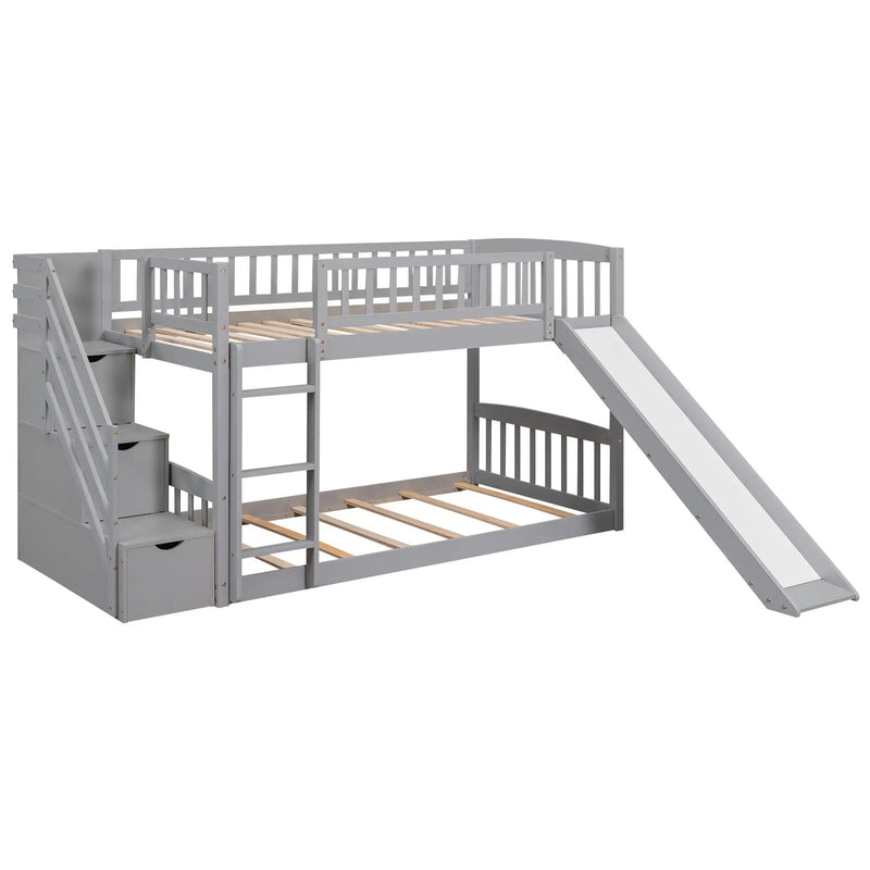 Twin Over Twin Bunk Stairway Bed With 2 Drawers And Slide - Gray by HouseOfZazla