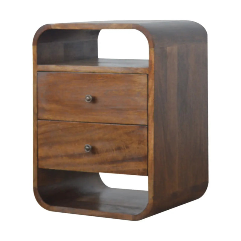 Solid Wood Chestnut Curve 2-Drawer Nightstand, 2 Open Slots by HouseOfZazla