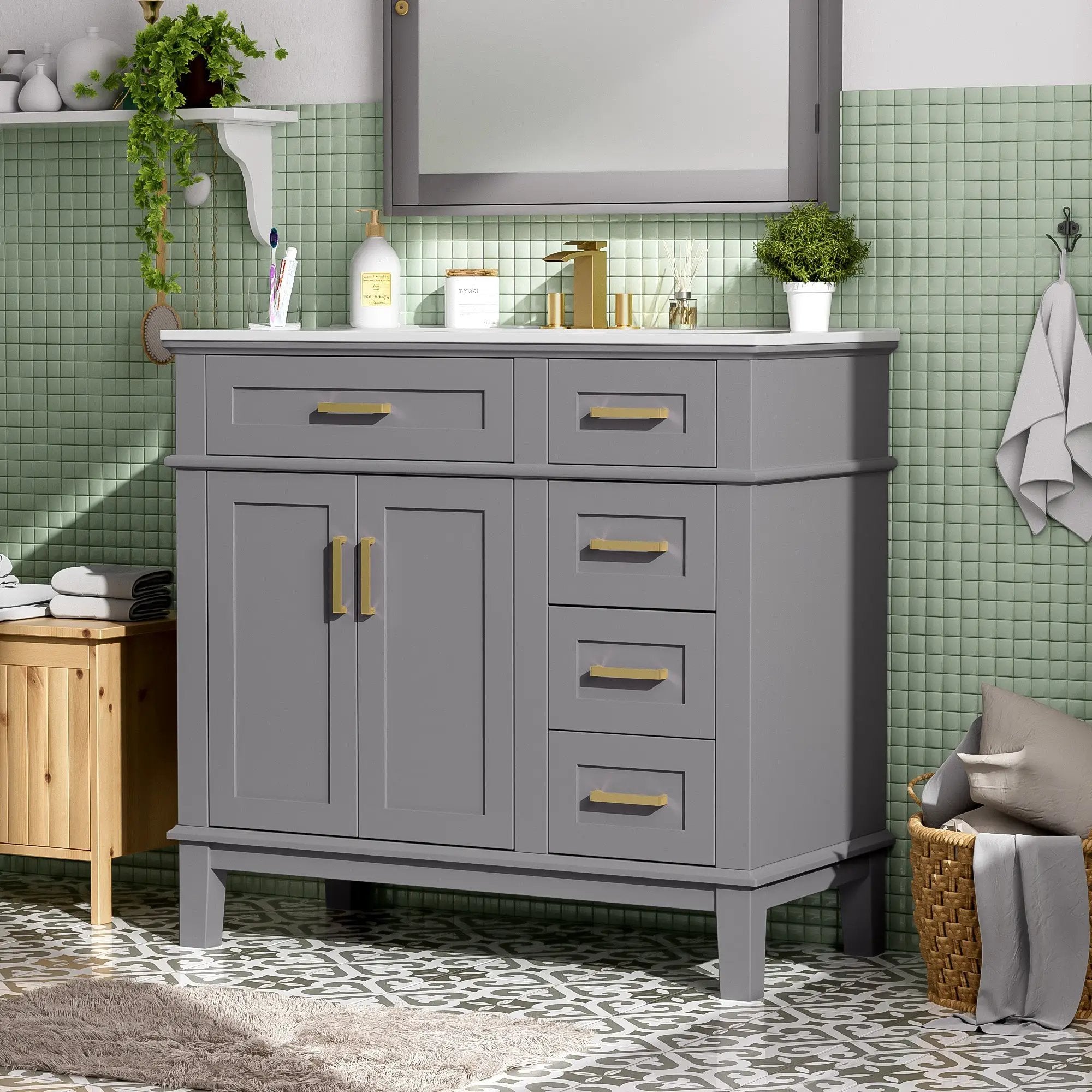 36" Gray Modern Bathroom Vanity with Ceramic Sink by HouseOfZazla