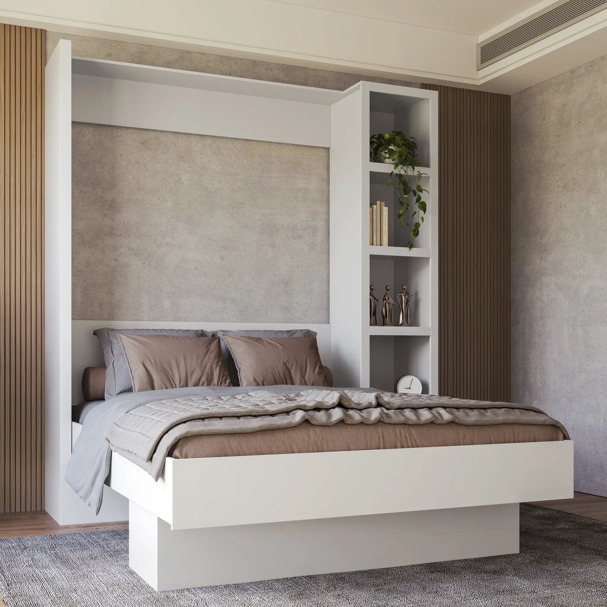 Easy-Lift Queen Murphy Wall Bed in White with Bookshelf by Sharicks