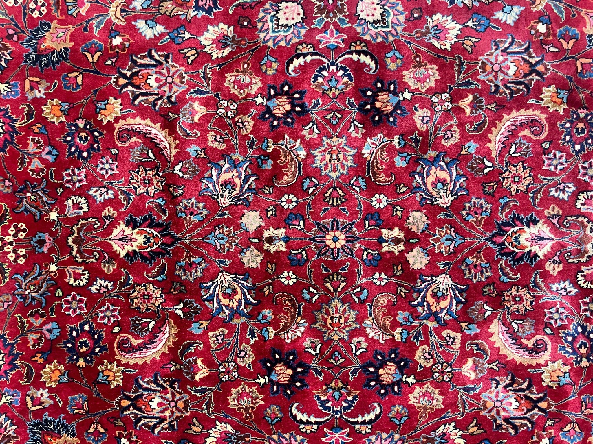 Signed Persian Mashad Rug 8x10, Wool Oriental Carpet, Semi Antique Rug, Hand Knotted, Traditional, Red, Floral Allover, by Jewel Rugs