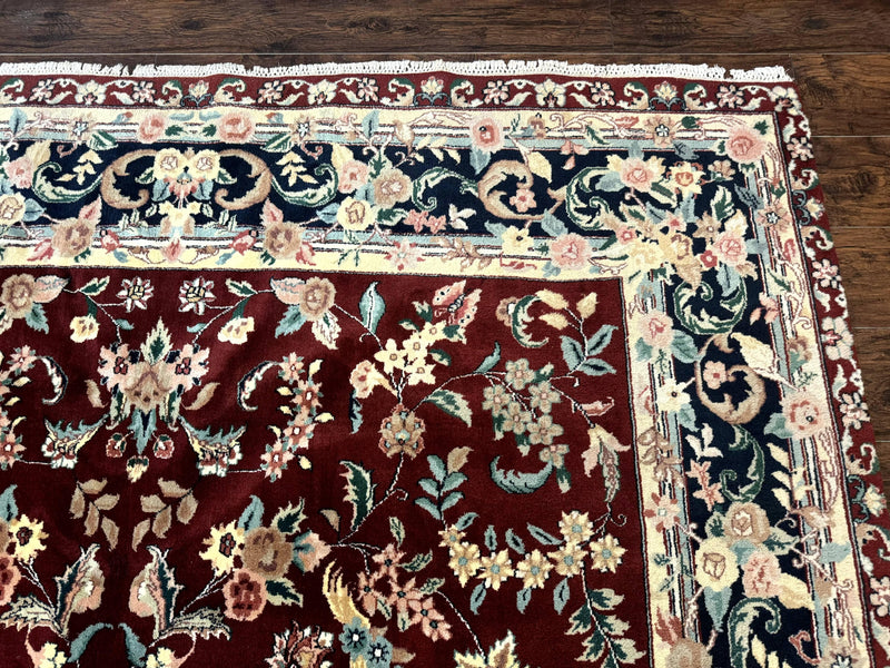 Indo Persian Rug 8x10, Floral Allover with Bird Pictorials, Maroon and Navy Blue, Handmade Wool Area Rug by Jewel Rugs