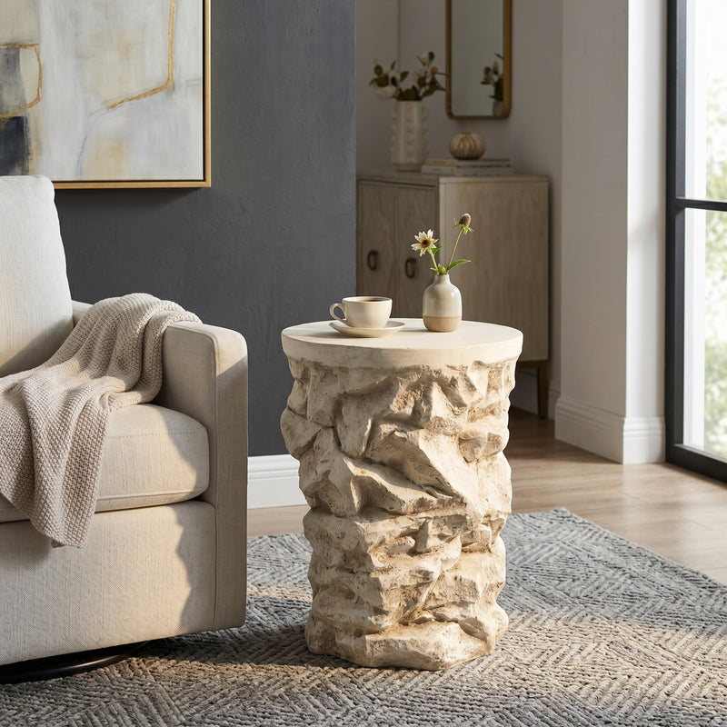 Beige Round Faux Stacked Stone MGO Side Table, photo 5 of 10