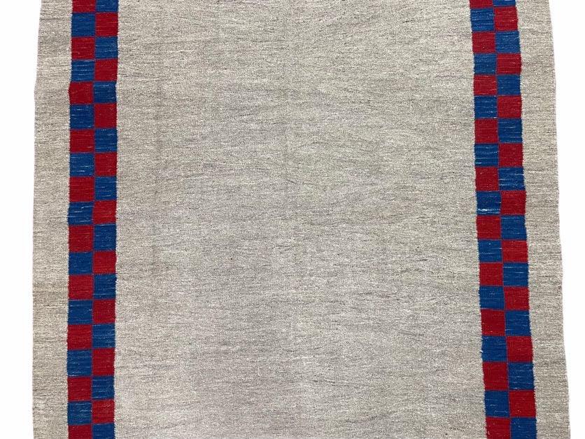 5' 7" x 7' 9" Geometric Kilim Carpet, Gray, Handmade, Hand-Knotted Area Rug, Blue & Red, Flatweave, Wool, New, Checkerboard Pattern by Jewel Rugs