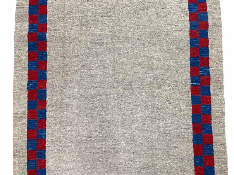 5' 7" x 7' 9" Geometric Kilim Carpet, Gray, Handmade, Hand-Knotted Area Rug, Blue & Red, Flatweave, Wool, New, Checkerboard Pattern by Jewel Rugs