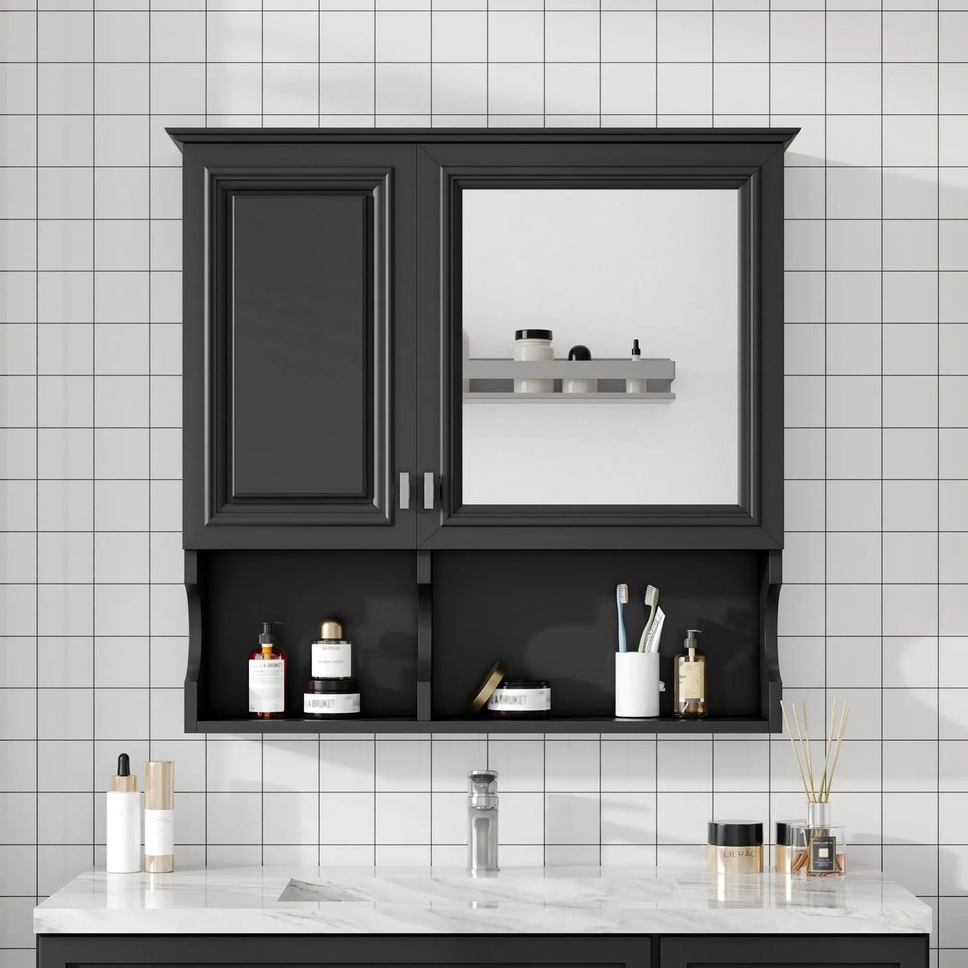 Wall Mounted Mirror Medicine Cabinet, Bathroom Storage With Doors And Open Shelves by HouseOfZazla
