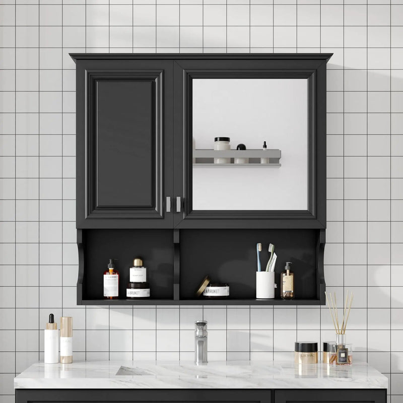 Wall Mounted Mirror Medicine Cabinet, Bathroom Storage With Doors And Open Shelves by Unique Piece Furniture