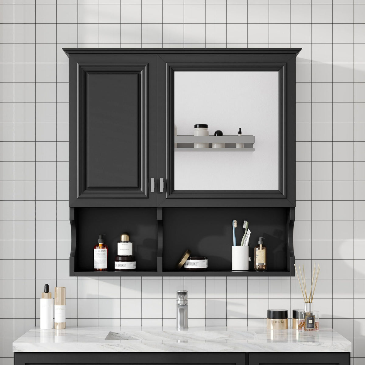 Wall Mounted Mirror Medicine Cabinet with Soft-Close Doors and Open Shelves - Black or White, photo 7 of 8