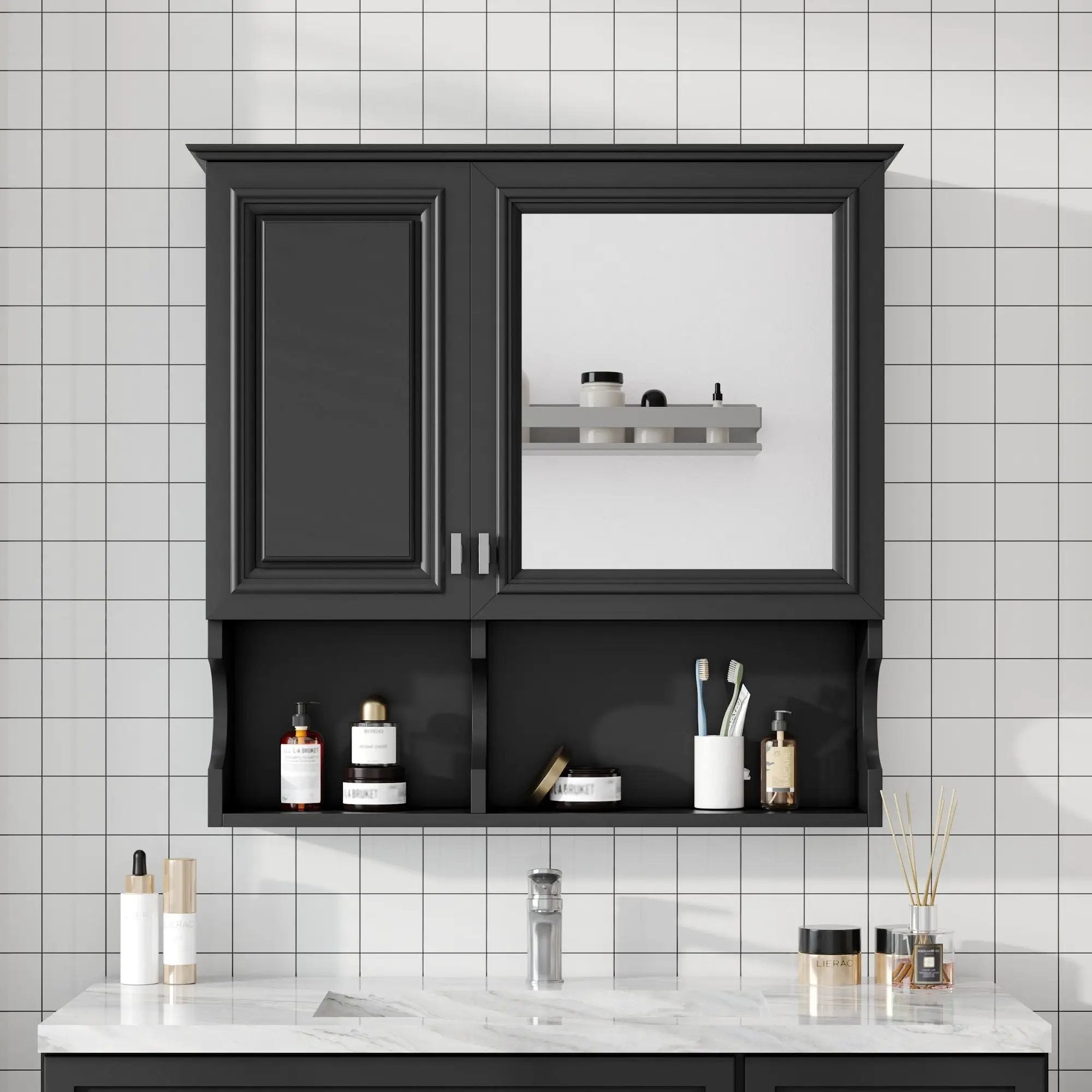 Wall Mounted Mirror Medicine Cabinet, Bathroom Storage With Doors And Open Shelves by Unique Piece Furniture