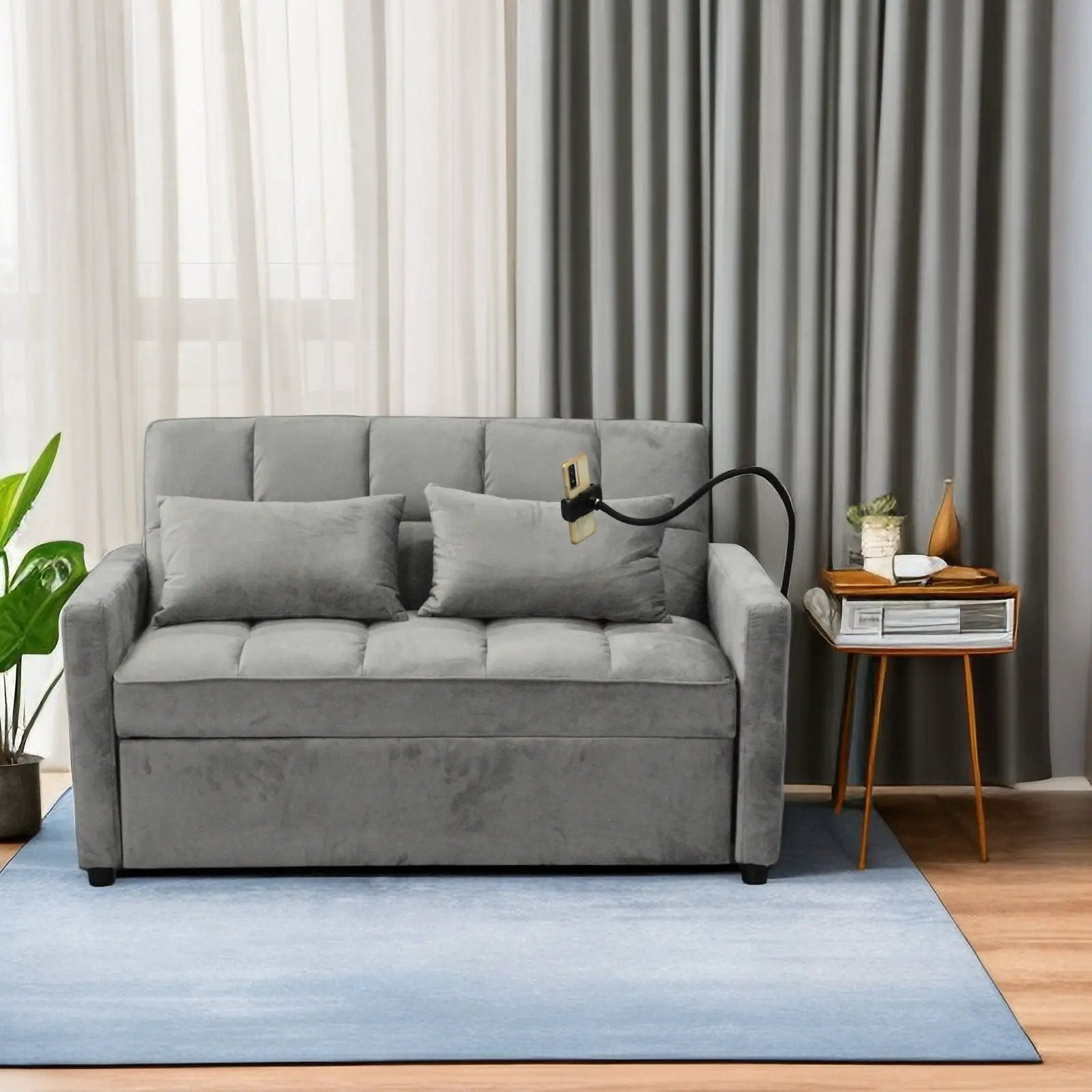 3 In 1 Convertible Sleeper Sofa Bed, Modern Fabric Futon Sofa Couch Pullout Bed, Adjustable Backrest With Three USB Ports, Two Side Pockets, Two Cup Holders And Swivel Phone Holder by HouseOfZazla