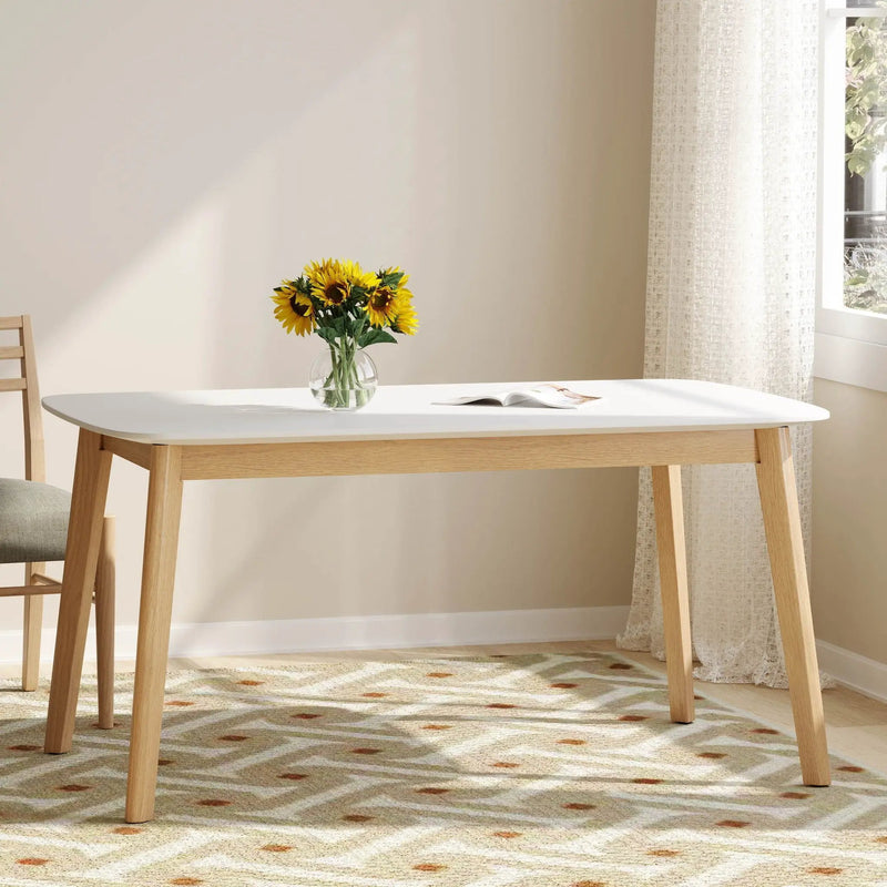 Dining Table With Splayed Rubberwood Legs & Faux Wood Tabletop, Mid Century Modern - White Oak by HouseOfZazla