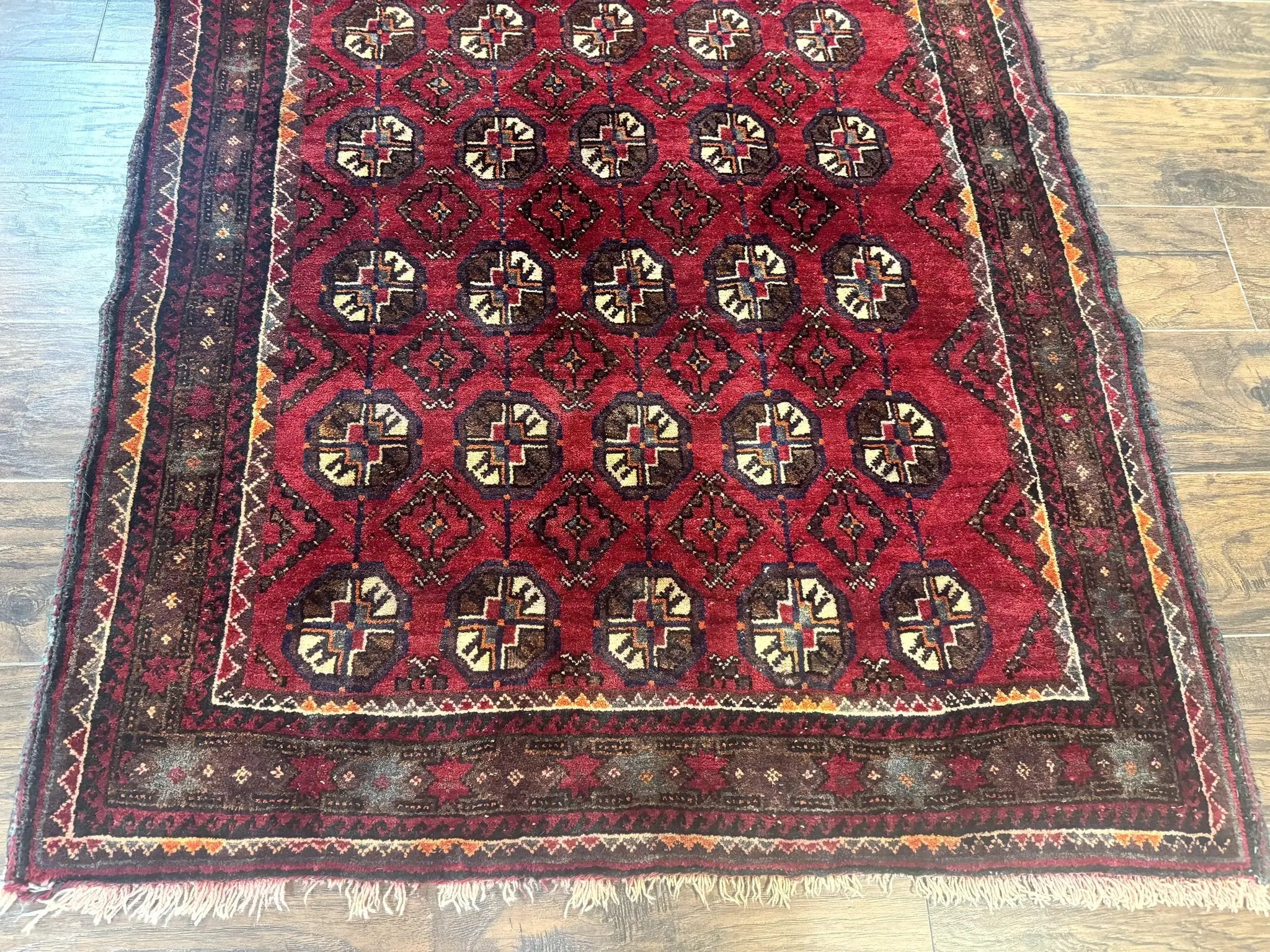 Persian Turkoman Tribal Rug 4x8, Handmade Vintage Wool Carpet, Red, Bo