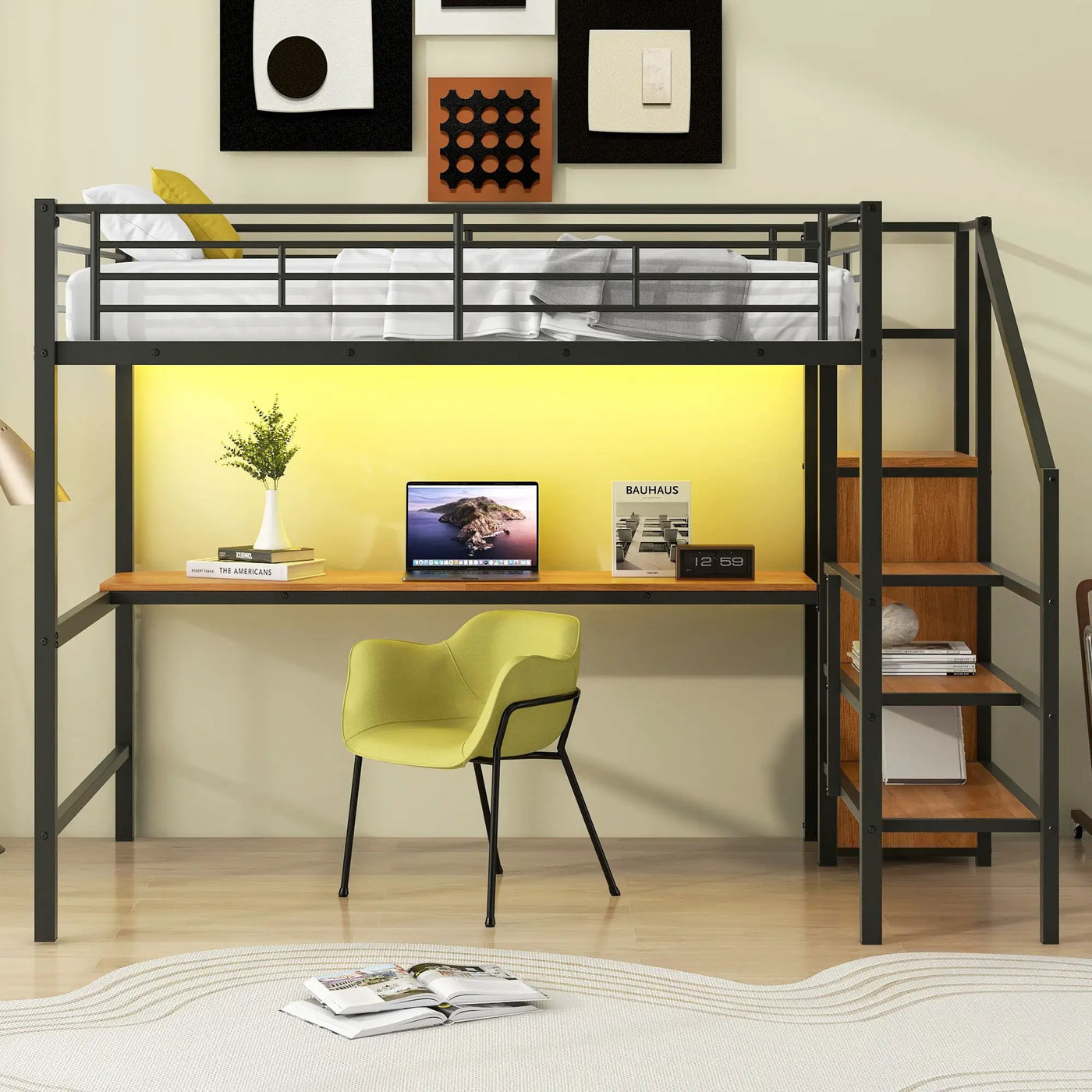 Loft Bed With Desk, Storage Staircase, Small Wardrobe And LED Light by HouseOfZazla