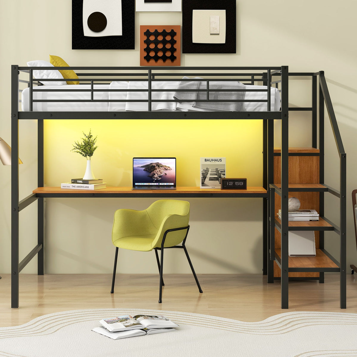 Full Size Loft Bed with Desk, Storage Staircase & Wardrobe - Black or White, photo 25 of 28