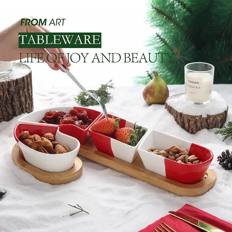 Bamboo Christmas Candy Cane Tray with 3 Holiday Sweet Containers by House Of Avana