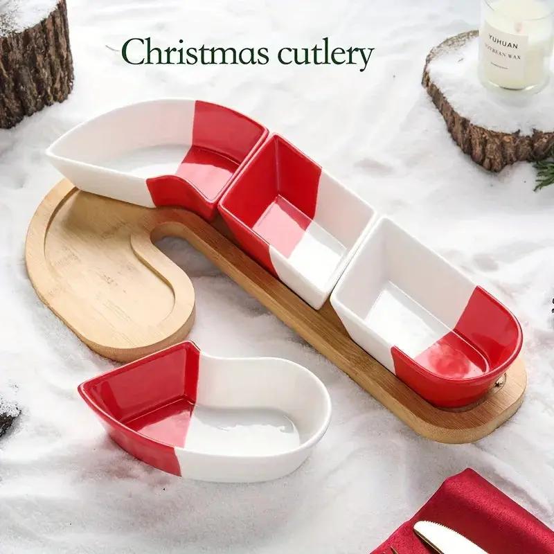 Bamboo Christmas Candy Cane Tray with 3 Holiday Sweet Containers by House Of Avana
