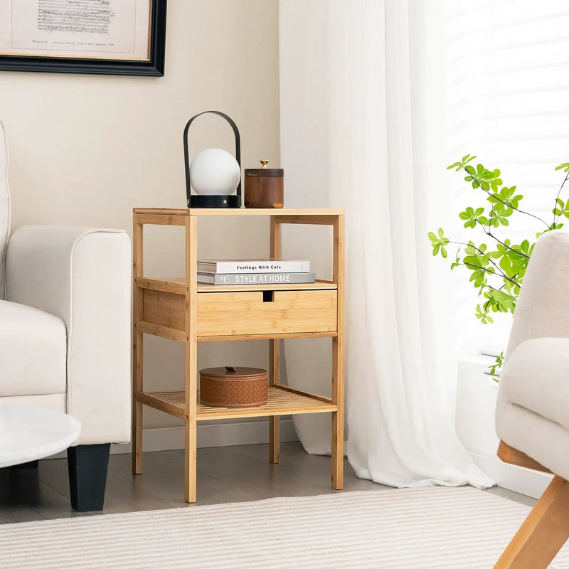 Bamboo Nightstand with Storage Drawer and Slatted Shelf by DirectDeals