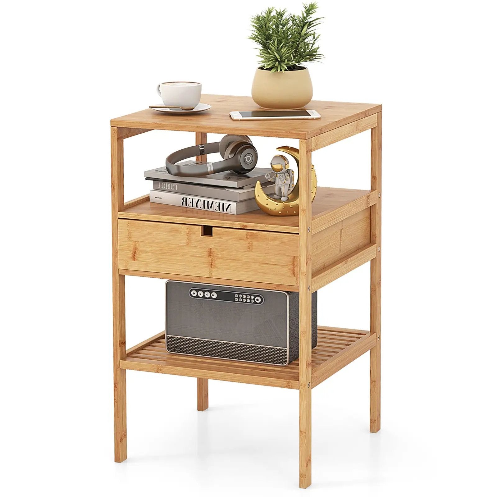 Bamboo Nightstand with Storage Drawer and Slatted Shelf by DirectDeals