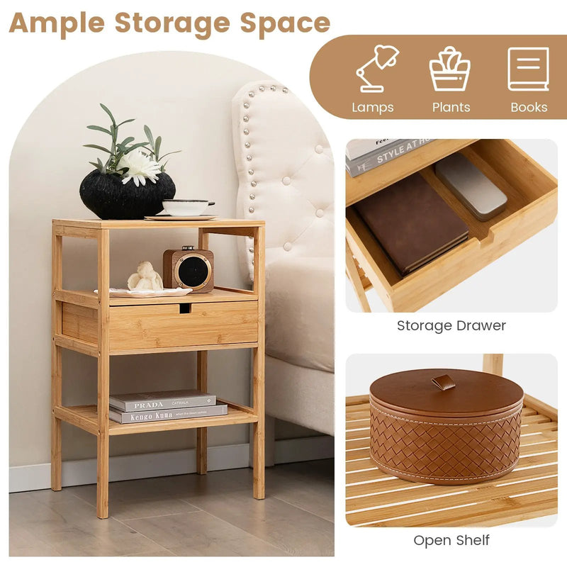 Bamboo Nightstand with Storage Drawer and Slatted Shelf by DirectDeals