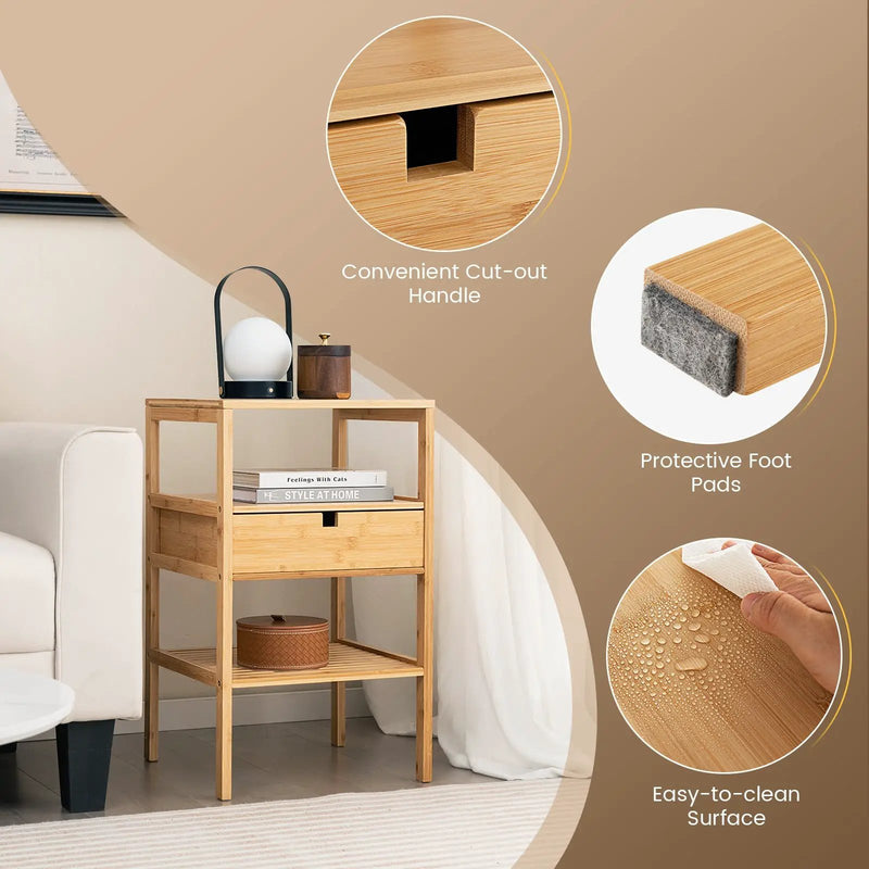 Bamboo Nightstand with Storage Drawer and Slatted Shelf by DirectDeals