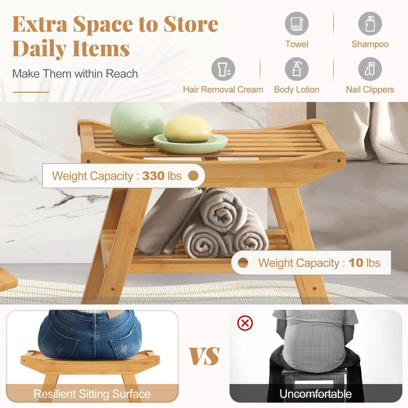 Bamboo Shower Seat Bench with Underneath Storage Shelf-Natural by DirectDeals