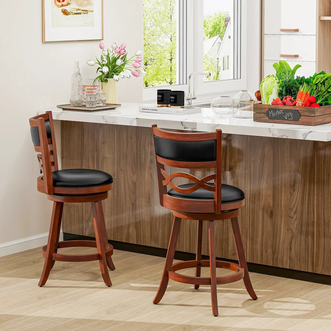 Bar Stools Set of 2 with Rubber Wood Frame and Faux Leather Upholstered Seat by DirectDeals