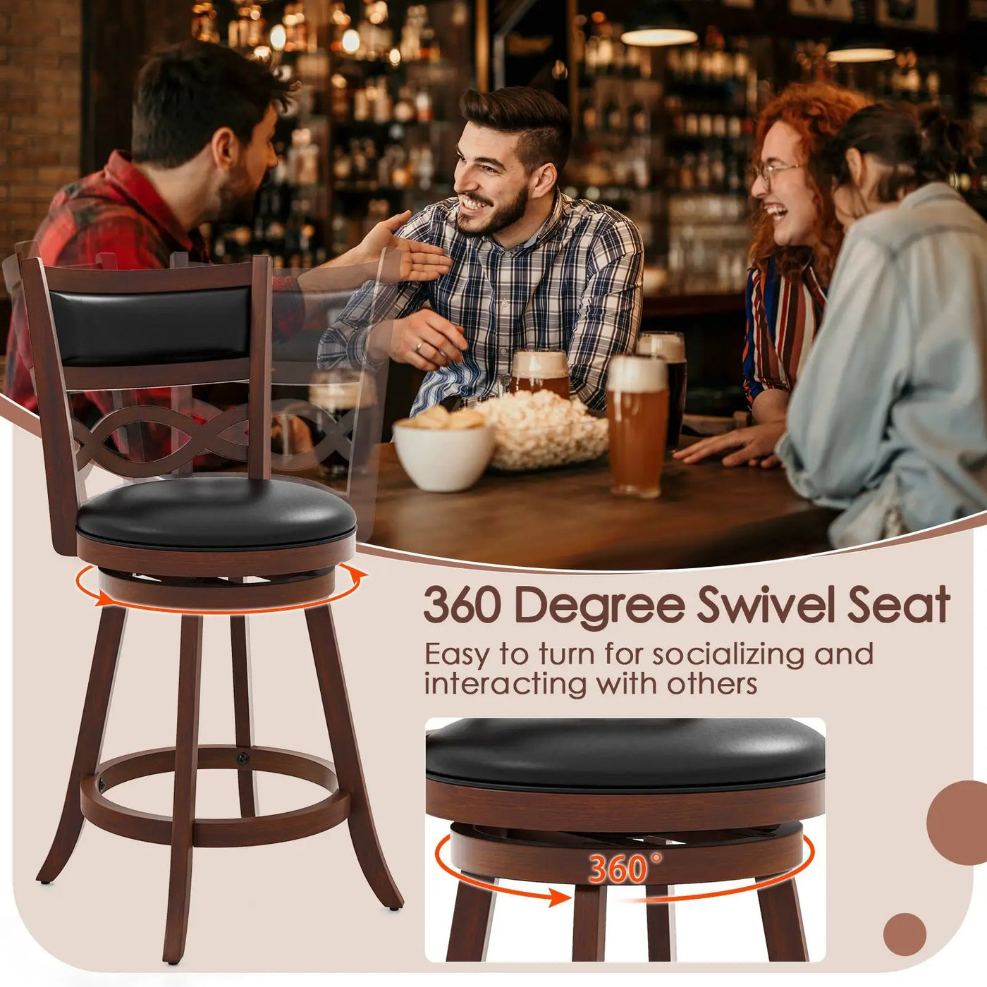 Bar Stools Set of 2 with Rubber Wood Frame and Faux Leather Upholstered Seat by DirectDeals