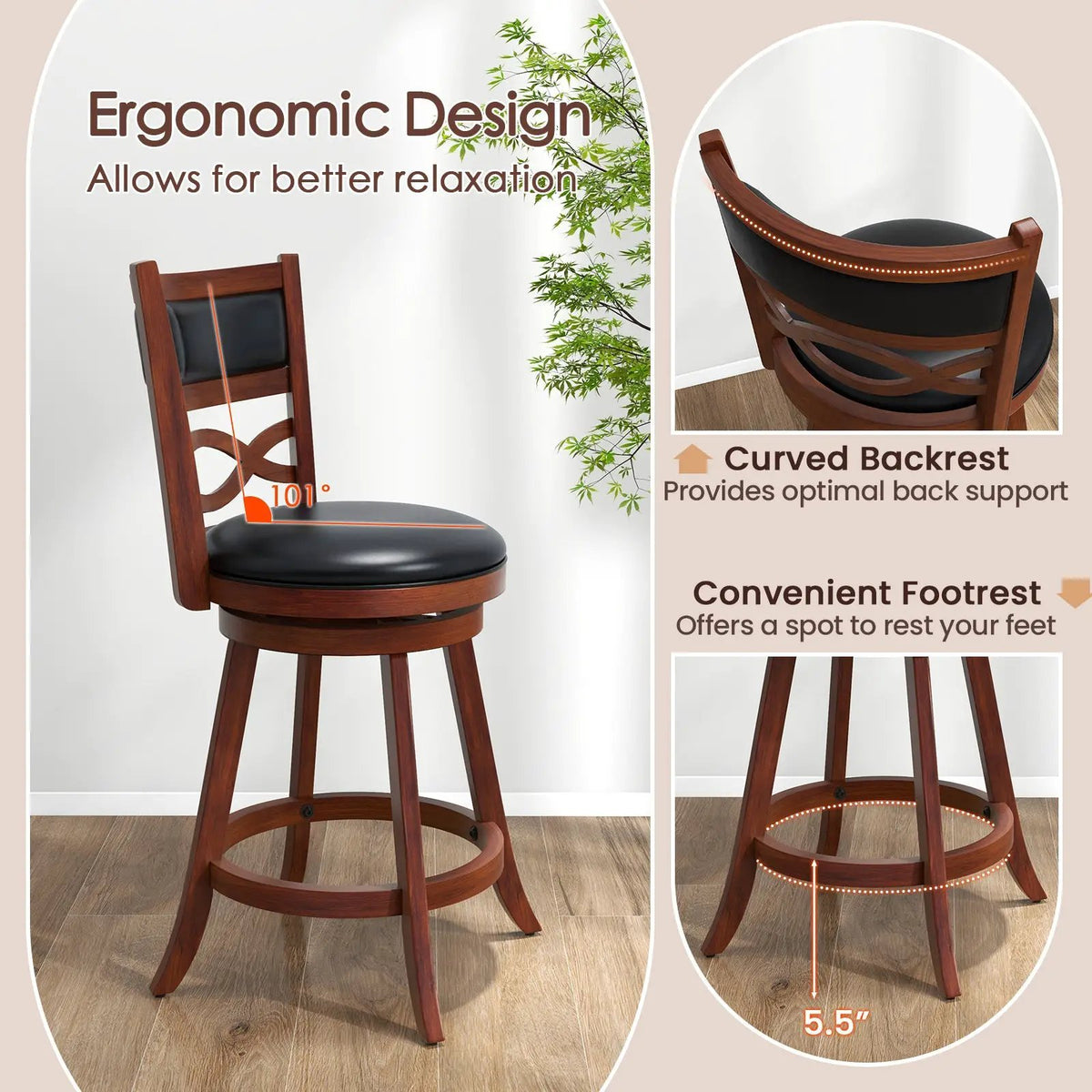 Bar Stools Set of 2 with Rubber Wood Frame and Faux Leather Upholstered Seat by DirectDeals