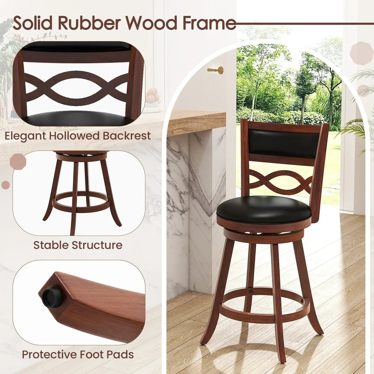 Bar Stools Set of 2 with Rubber Wood Frame and Faux Leather Upholstered Seat by DirectDeals