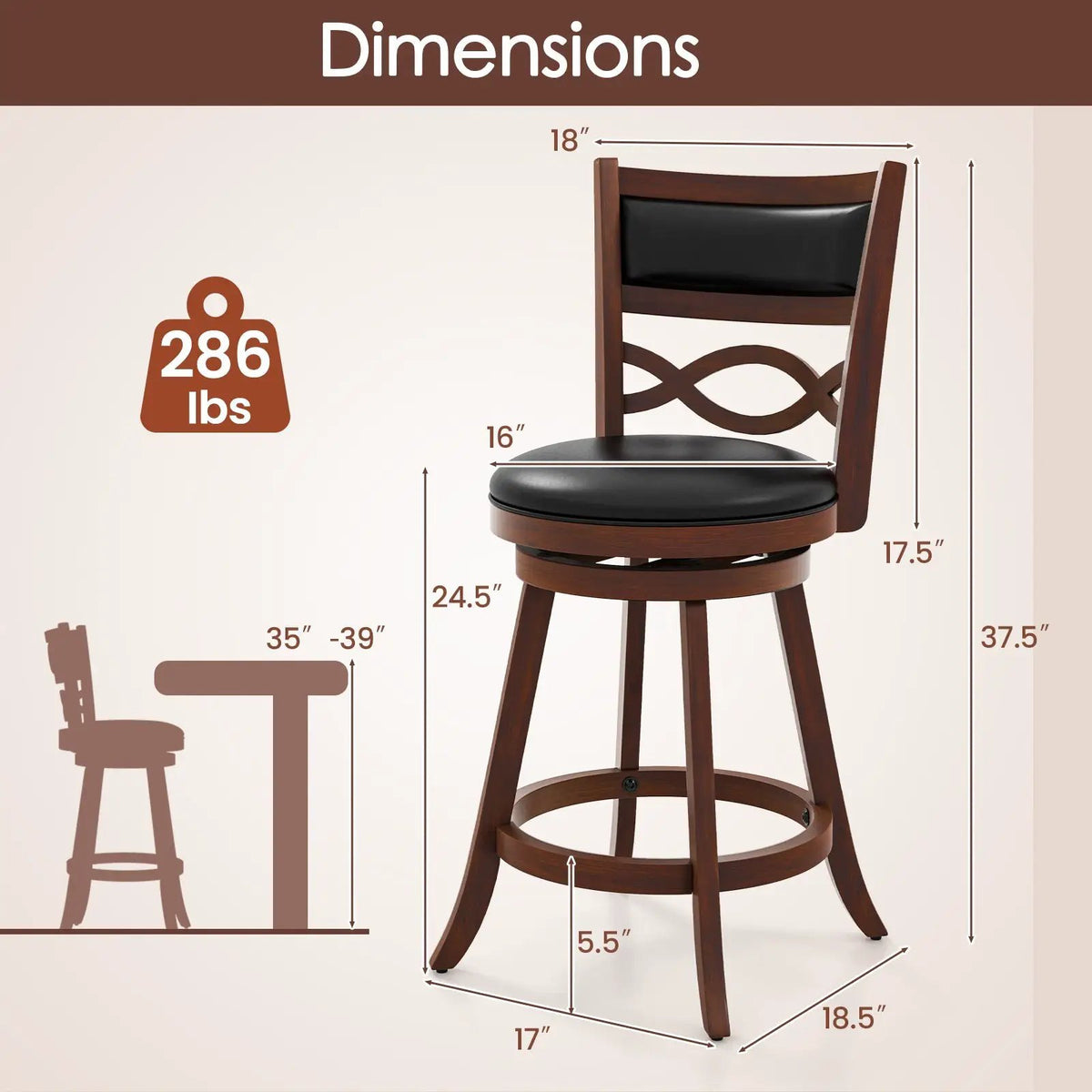Bar Stools Set of 2 with Rubber Wood Frame and Faux Leather Upholstered Seat by DirectDeals