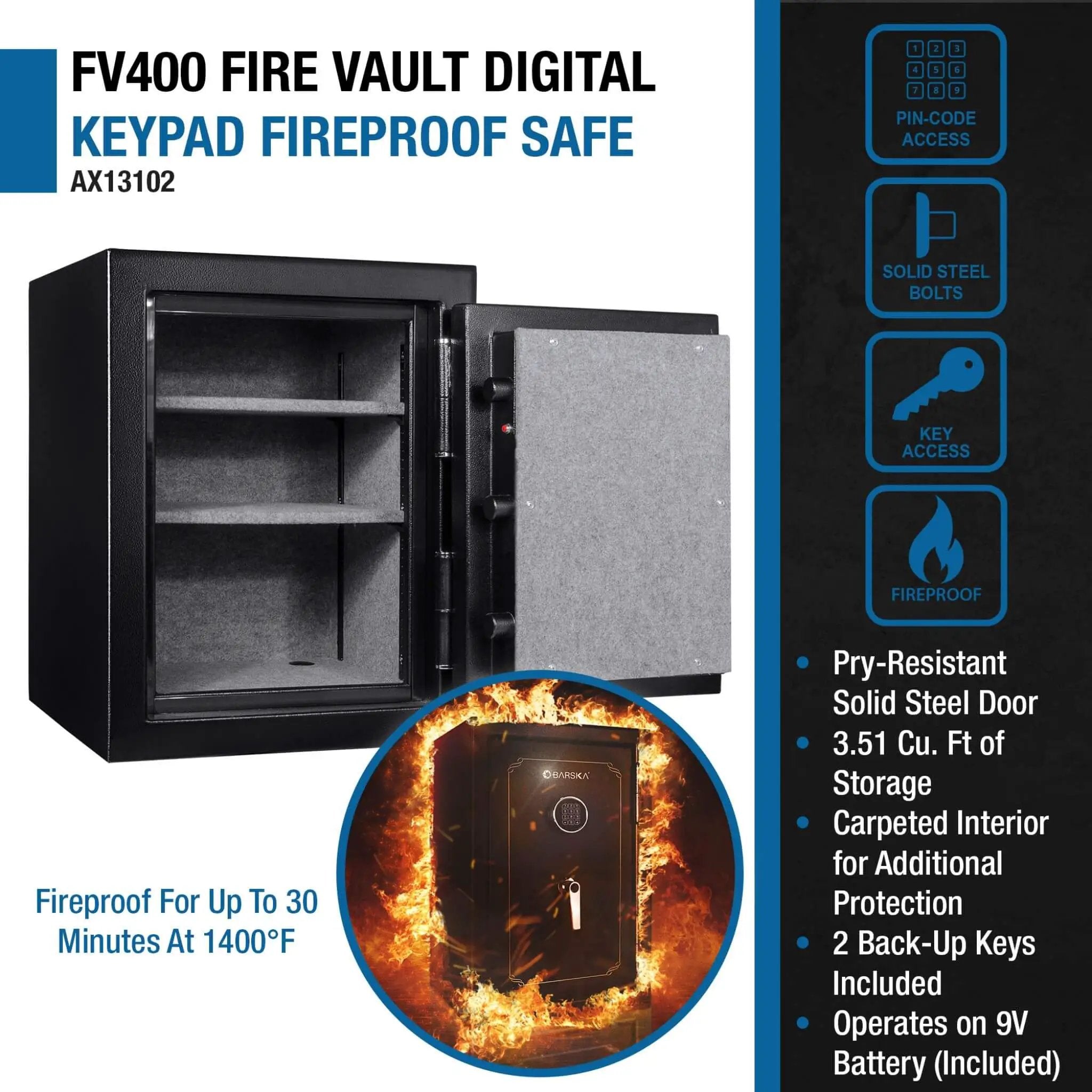 Barska 3.51 CF Heavy-Duty Steel Fireproof Safe Vault With Electronic Lock (SAK85021) by SAKSBY WHOLESALE