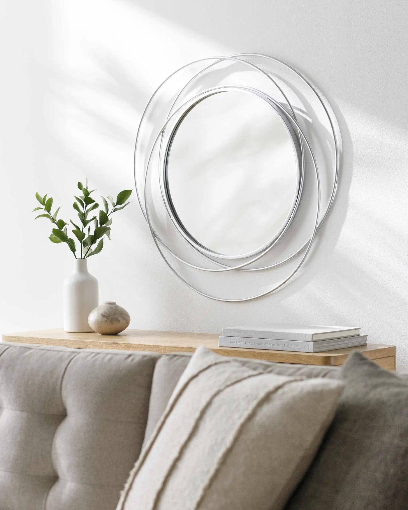 Basay Round Silver Gray Mirror by Boutique Rugs