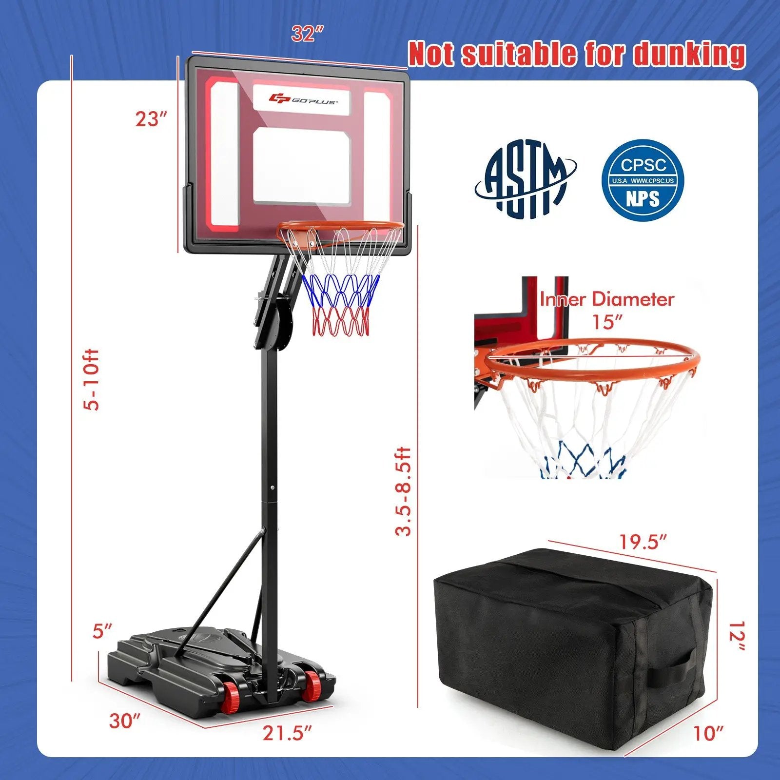 Basketball Hoop with 5-10 Feet Adjustable Height for Indoor Outdoor by DirectDeals