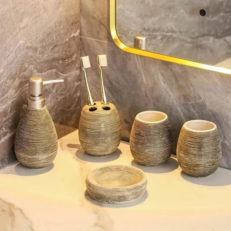 Bathroom Set - Handmade Ceramic White 5-Piece by House Of Avana
