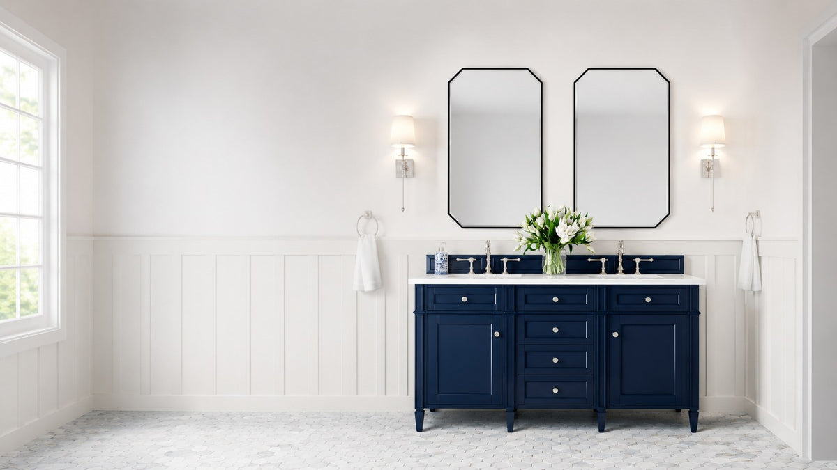 Navy double bathroom vanity with marble top on a hexagon marble mosaic floor