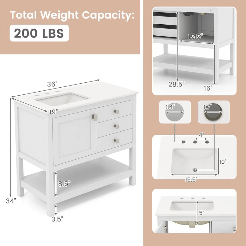 Freestanding Bathroom Vanity Unit with Basin Floor Storage Cabinet-White by DirectDeals