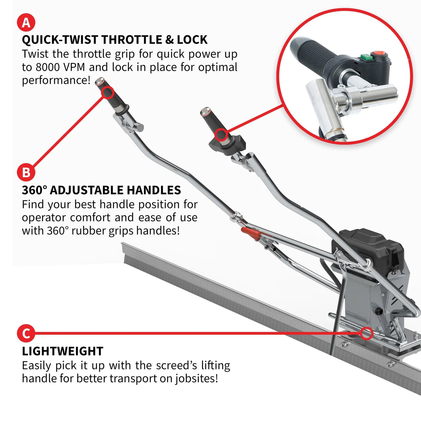 Battery Powered Vibrating Concrete Power Screed 36V/5Ah Float Finishing Tool (Choose 4ft, 6ft, 8ft, 10ft, 12ft, 14ft) by Tomahawk Power