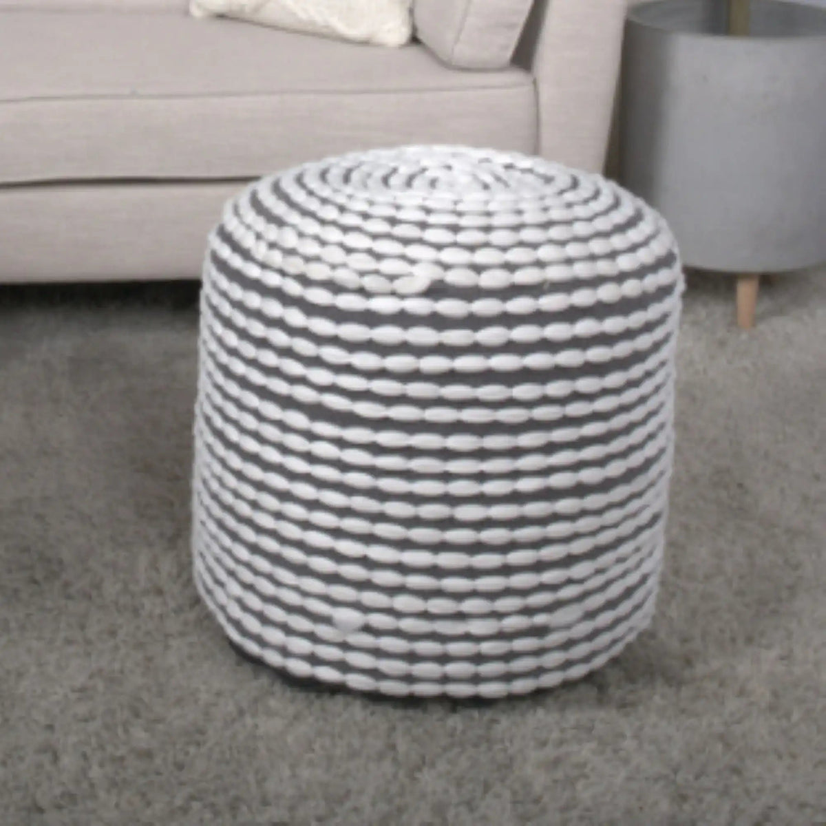 Handcrafted Cylindrical Accent Pouf with Water Resistant Fabric - White, Green, Black, photo 4 of 18