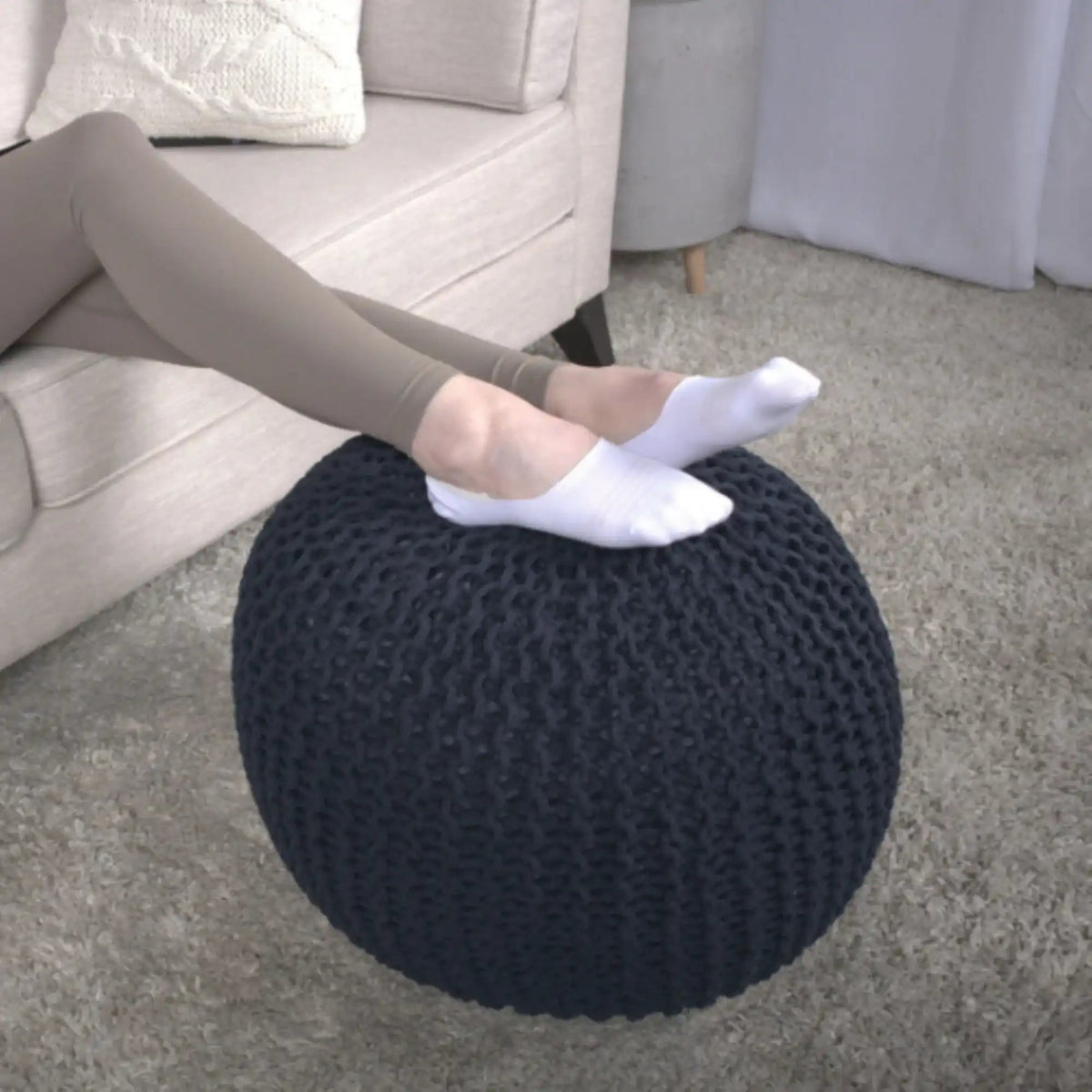 Knitted Cotton Round Pouf Ottoman with Polystyrene Fill - Blue, Dark Red, Yellow, photo 15 of 17