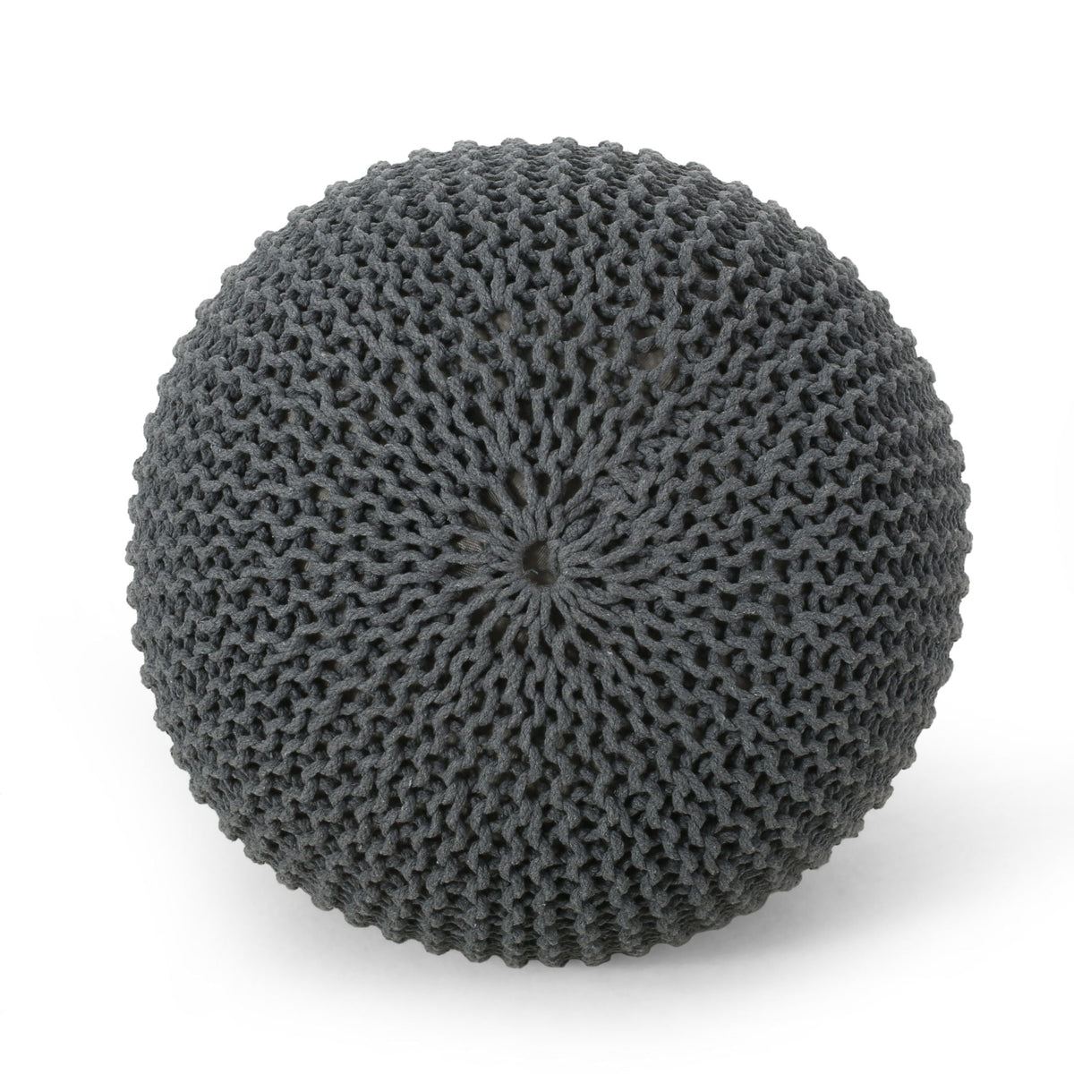 Knitted Cotton Round Pouf Ottoman with Soft Textured Cover - Dark Gray, Yellow, Blue, photo 11 of 16