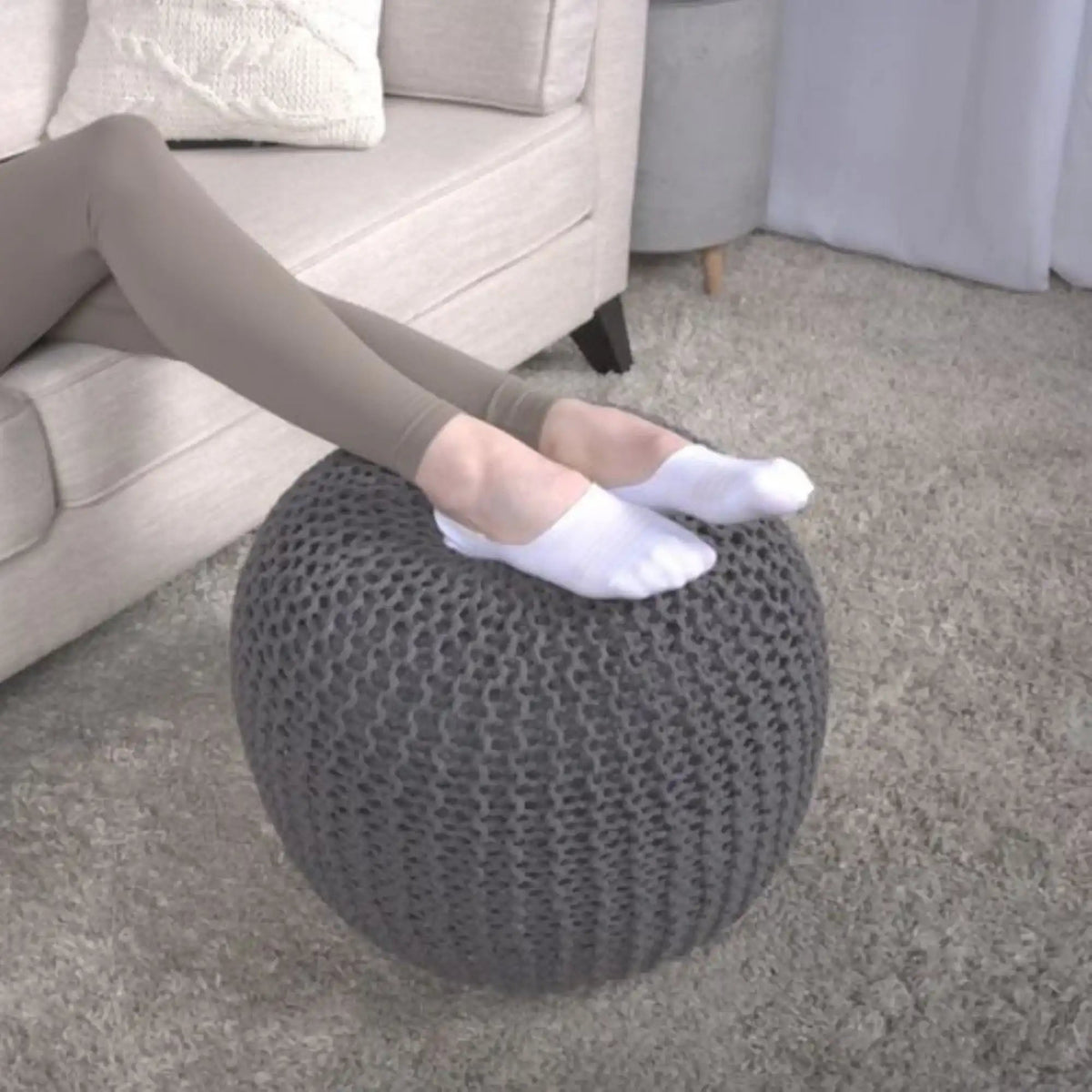 Knitted Cotton Round Pouf Ottoman with Soft Textured Cover - Dark Gray, Yellow, Blue, photo 2 of 16