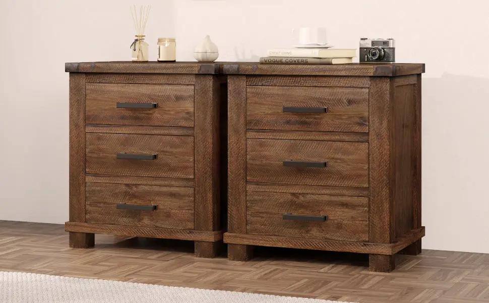 Rustic Three Drawer Reclaimed Solid Wood Farmhouse Nightstand Set of Two by HouseOfZazla