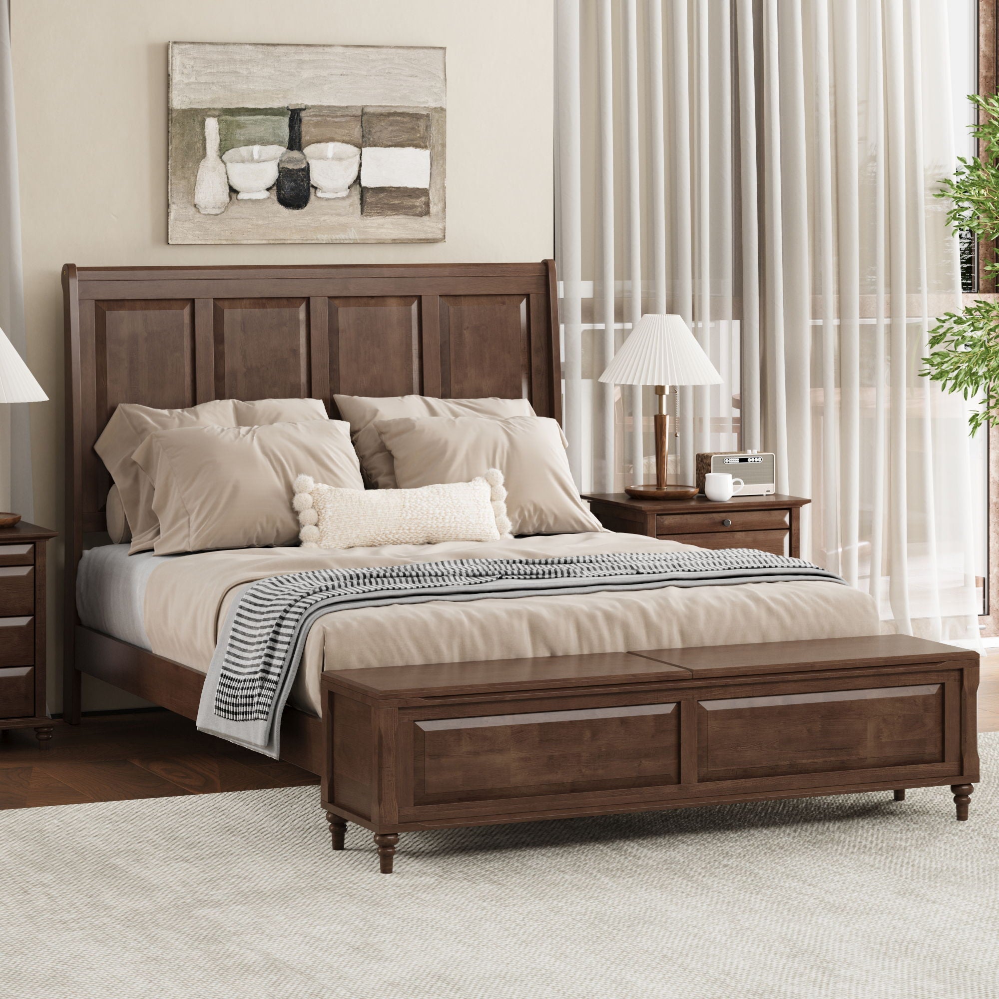 Sleigh Bed Frame With Tall Headboard And Storage Bench by HouseOfZazla