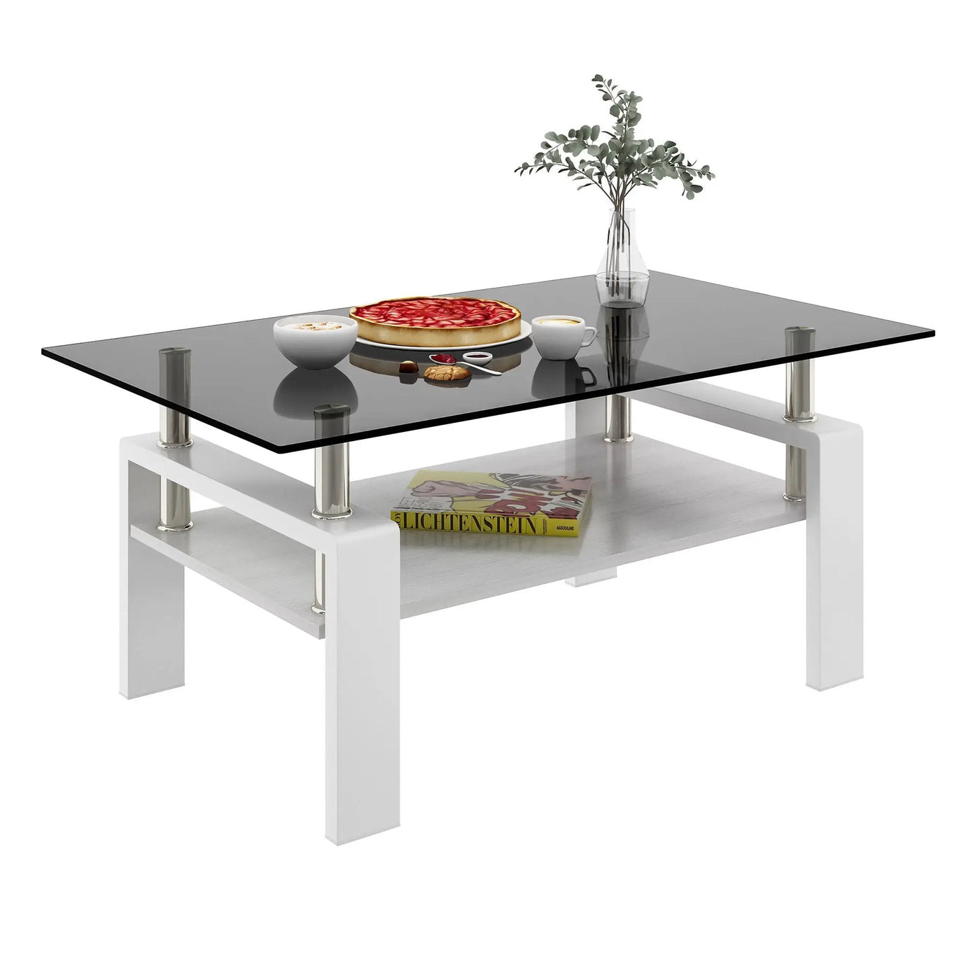 Modern Rectangular Coffee Table With Tempered Transparent Glass Top And Storage Shelf by HouseOfZazla