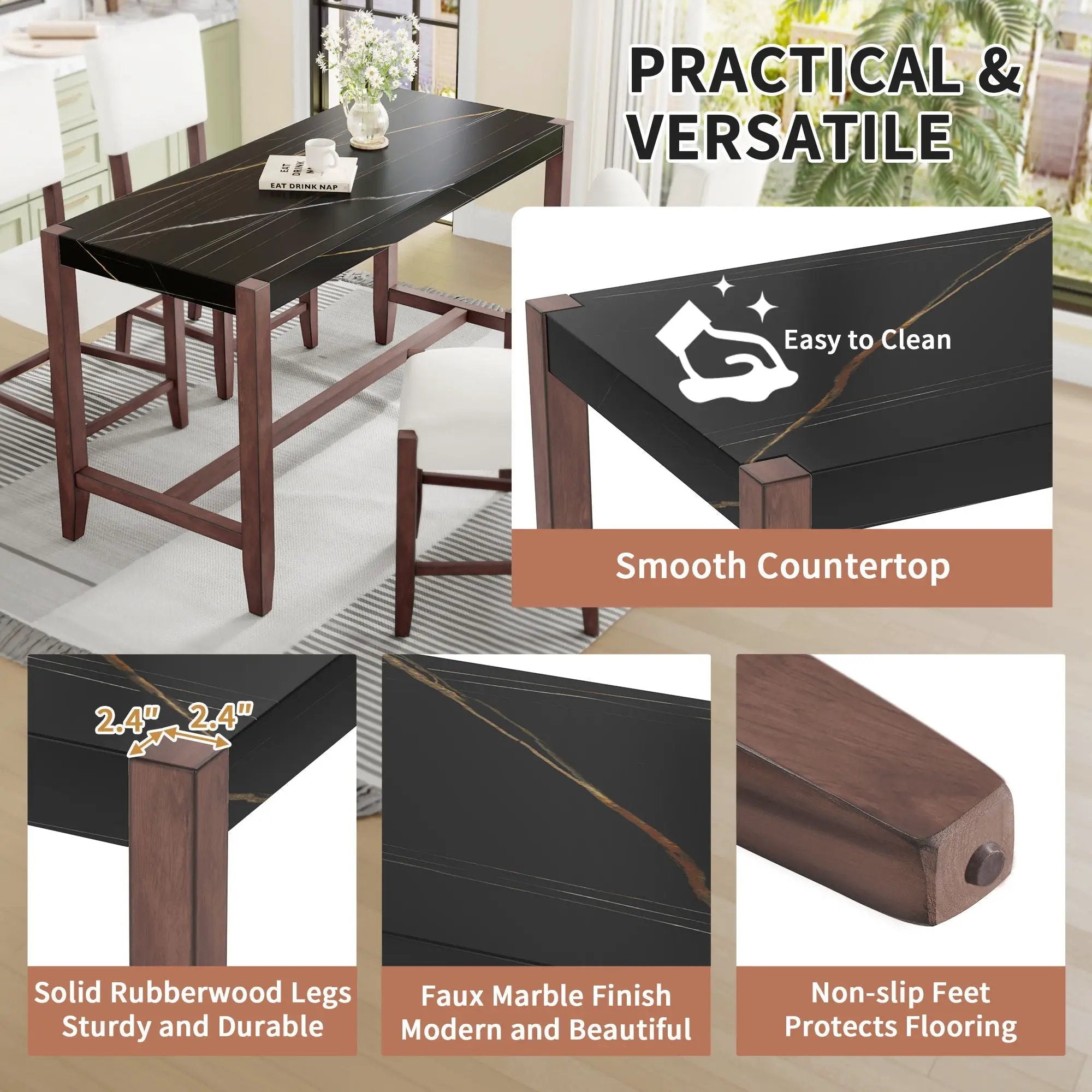 5 Piece Counter Height Dining Set, Bar Table With 4 Upholstered Chairs by HouseOfZazla